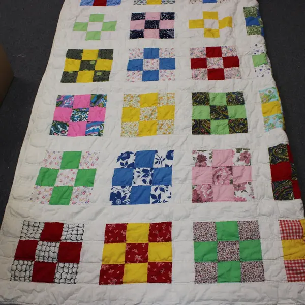 Hand Made Off-White Quilted Multicolor Multipattern Blanket 96 x 81 in