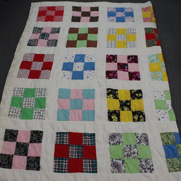 Hand Made Off-White Quilted Multicolor Multipattern Blanket 96 x 81 in