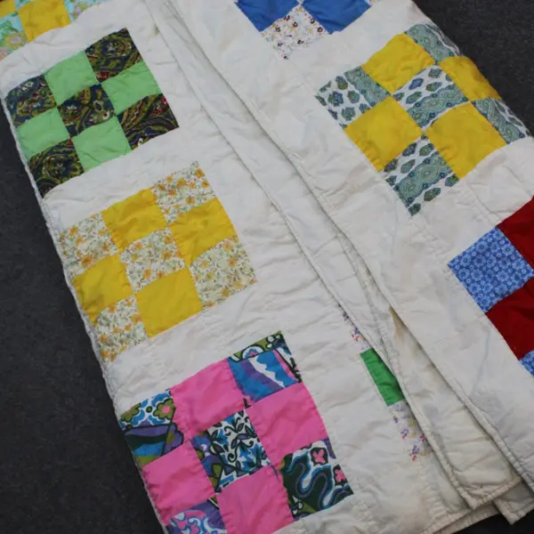 Hand Made Off-White Quilted Multicolor Multipattern Blanket 96 x 81 in
