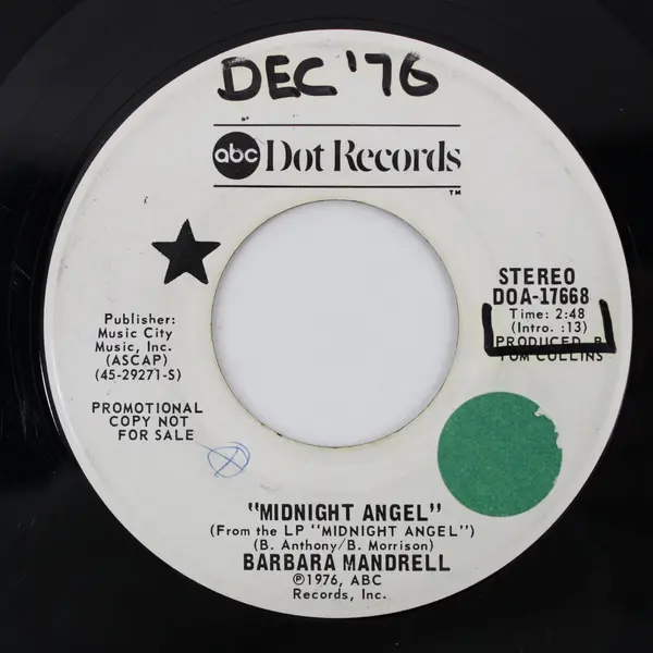 Barbara Mandrell Midnight Angel Promo 7" Vinyl Record 1976 ABC Dot Records