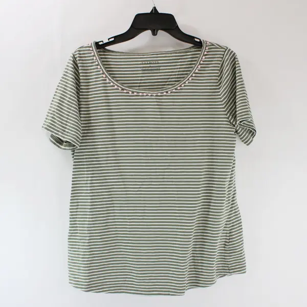 Talbots Women's Medium Green & White Striped Short Sleeve Top