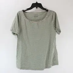 Talbots Women's Medium Green & White Striped Short Sleeve Top