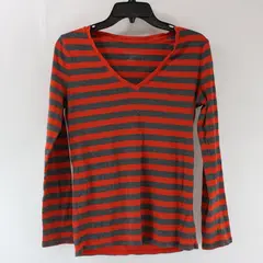 Merona Women's Medium Orange Gray Striped V-Neck Long Sleeve Top