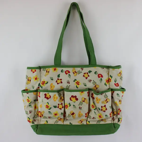 Disney Winnie the Pooh Canvas Bag Tan Green Floral Multi-Pocket