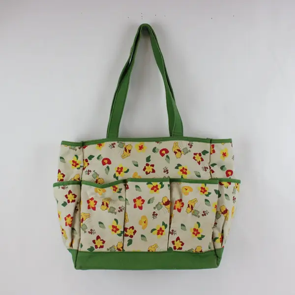 Disney Winnie the Pooh Canvas Bag Tan Green Floral Multi-Pocket