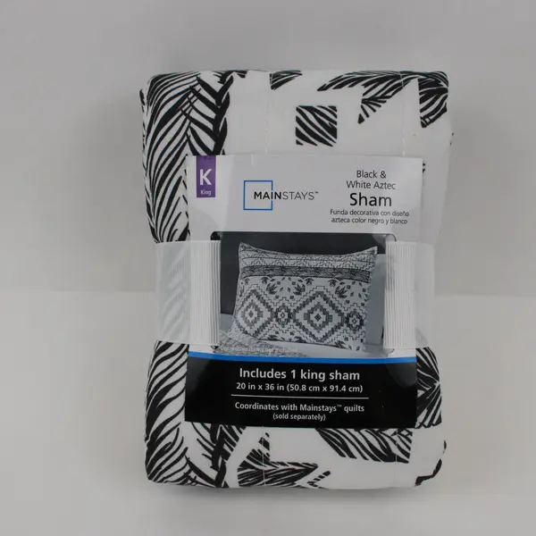 Mainstays King Pillow Sham Black White Aztec Quilted 20 x 36 in