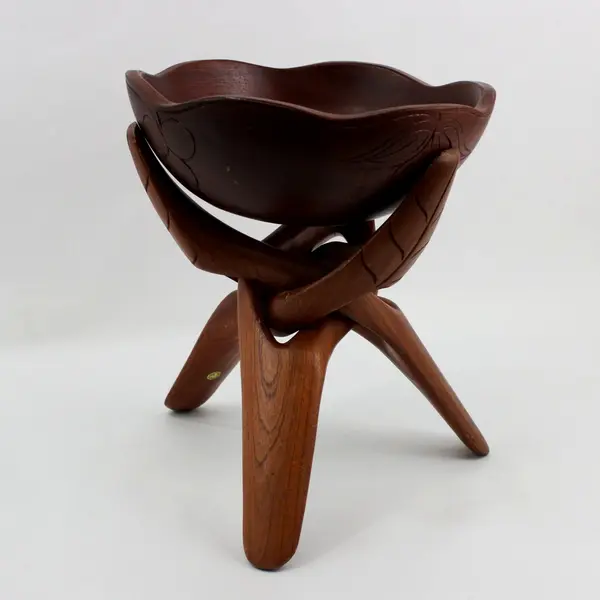 Carved Teak Wood Fruit Serving Bowl with Tripod Stand Philippines