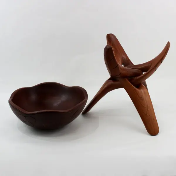 Carved Teak Wood Fruit Serving Bowl with Tripod Stand Philippines