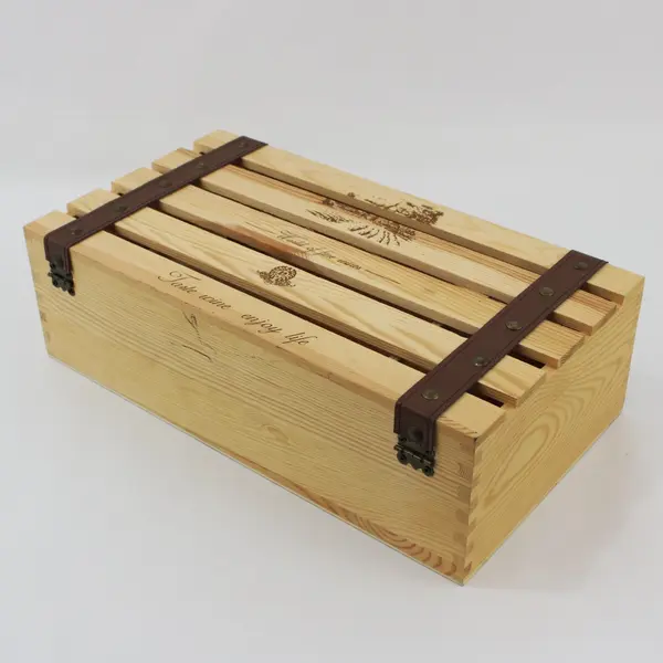 World of Fine Wines Pine Wood Wine Bottle Gift Crate Straps Metal Handle 
