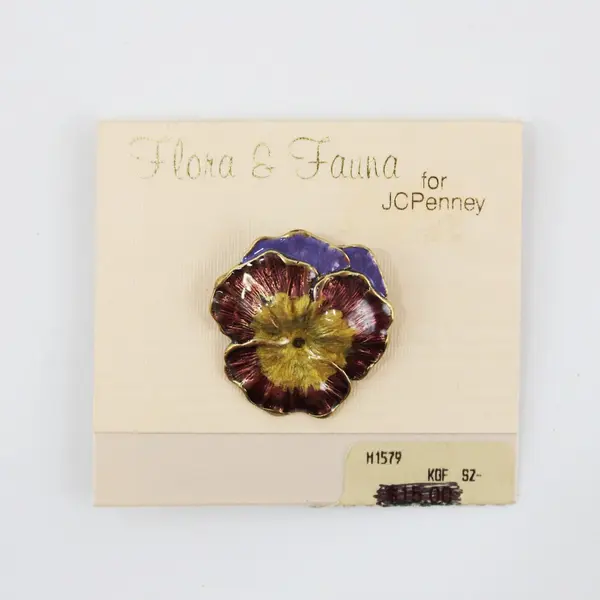 Vintage JC Penney Flora & Fauna Enameled Pansy Brooch 1"x1", New on card 