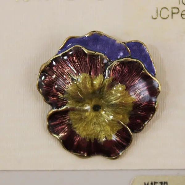 Vintage JC Penney Flora & Fauna Enameled Pansy Brooch 1"x1", New on card 