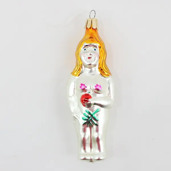 Eve Garden of Eden Glass Christmas Ornament Golden Hair Apple & Fig Leaf 4.75" 