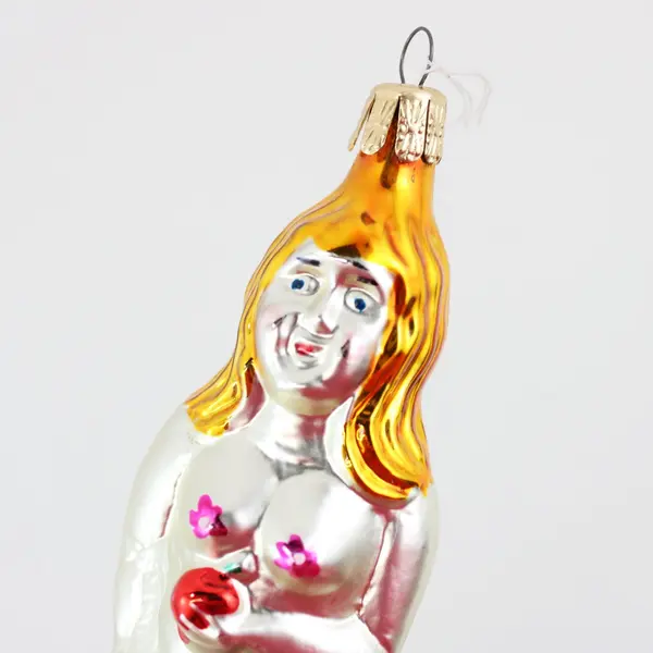 Eve Garden of Eden Glass Christmas Ornament Golden Hair Apple & Fig Leaf 4.75" 
