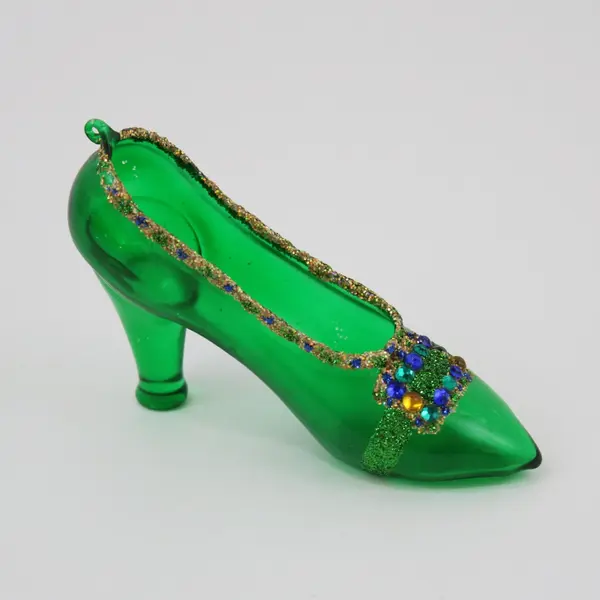 Green Glass High-Heel Shoe Ornament with Decorative Accents & Beads 2.5" Tall
