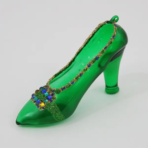 Green Glass High-Heel Shoe Ornament with Decorative Accents & Beads 2.5" Tall
