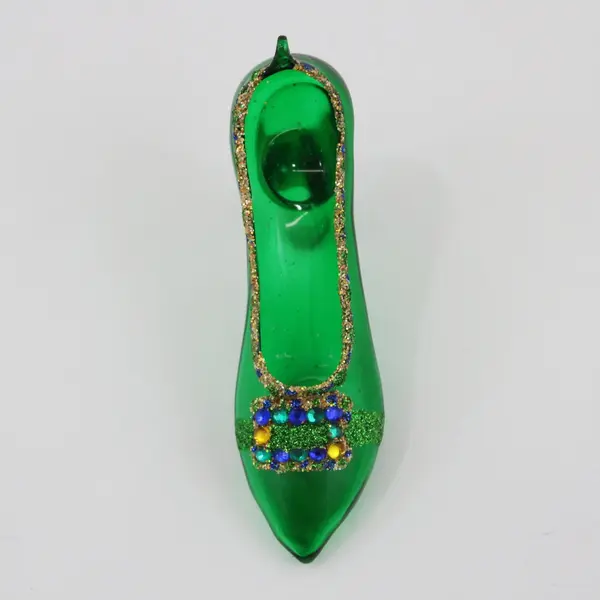 Green Glass High-Heel Shoe Ornament with Decorative Accents & Beads 2.5" Tall