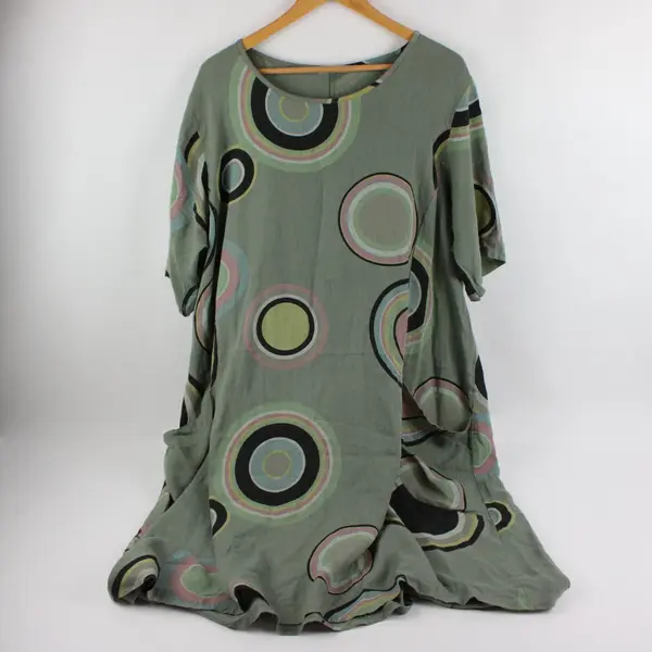 Beyond Capri Women's Green Multicolor Circle Print Short Sleeve Linen Dress