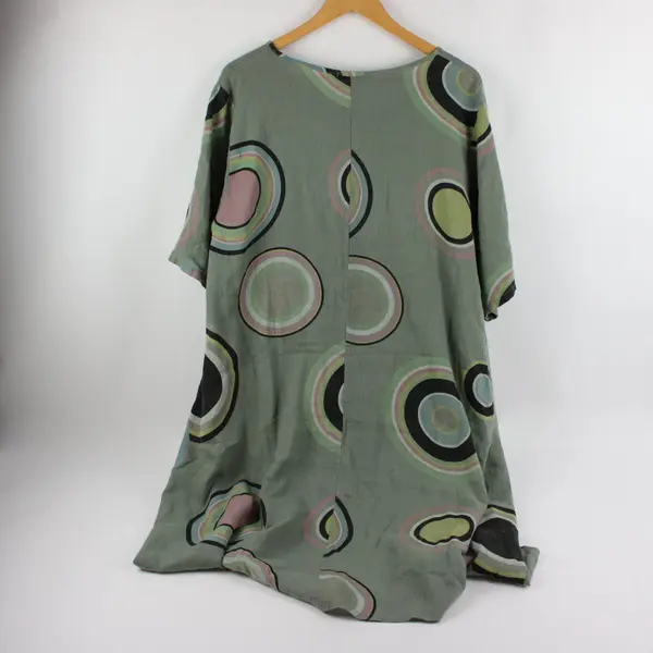 Beyond Capri Women's Green Multicolor Circle Print Short Sleeve Linen Dress