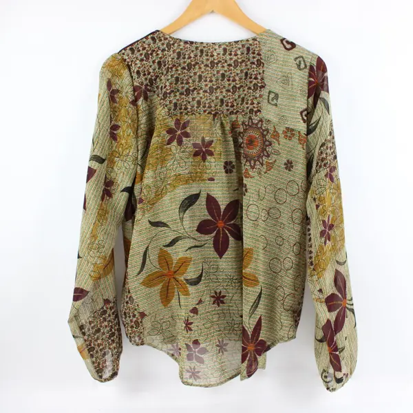 Matr Boomie Women's Sheer Floral Balloon Sleeve V-Neck Tie Blouse One Size