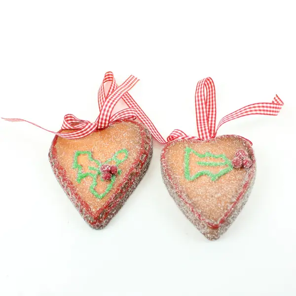 Lot of 2 Gingerbread Christmas Heart Ornaments Red White Ribbon Glitter