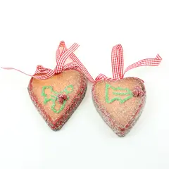 Lot of 2 Gingerbread Christmas Heart Ornaments Red White Ribbon Glitter