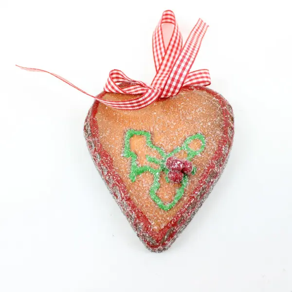 Lot of 2 Gingerbread Christmas Heart Ornaments Red White Ribbon Glitter