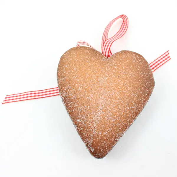 Lot of 2 Gingerbread Christmas Heart Ornaments Red White Ribbon Glitter