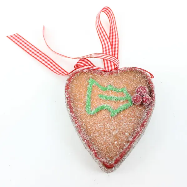 Lot of 2 Gingerbread Christmas Heart Ornaments Red White Ribbon Glitter