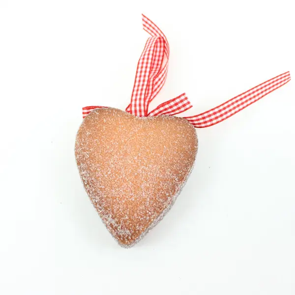 Lot of 2 Gingerbread Christmas Heart Ornaments Red White Ribbon Glitter