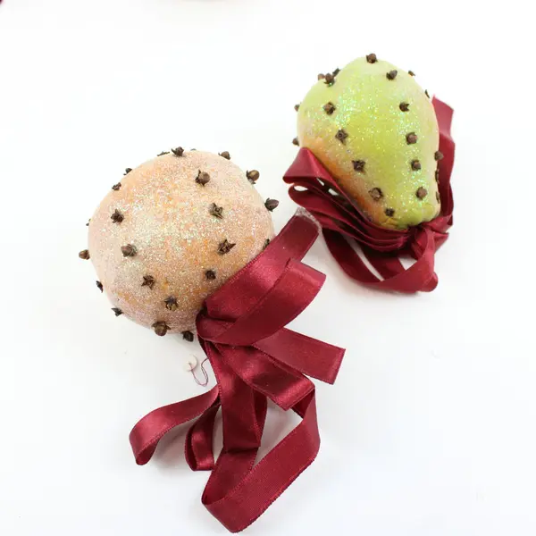 Lot of 6 Sugared Fruit Christmas Ornaments Glittered Fabric Ribbon Decor