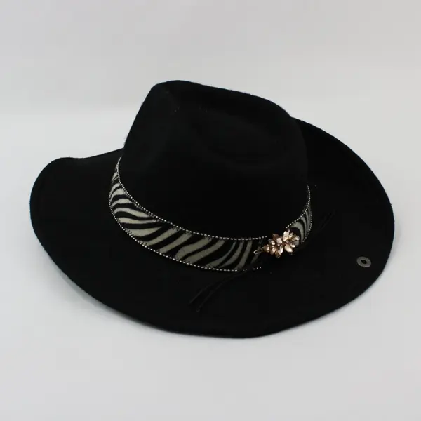 Peter Grimm Women's Black 100% Wool Western Hat Zebra Band Rhinestone Flower