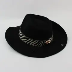 Peter Grimm Women's Black 100% Wool Western Hat Zebra Band Rhinestone Flower