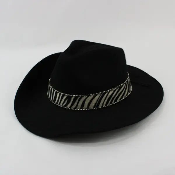 Peter Grimm Women's Black 100% Wool Western Hat Zebra Band Rhinestone Flower