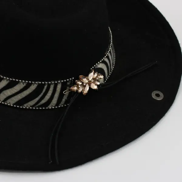 Peter Grimm Women's Black 100% Wool Western Hat Zebra Band Rhinestone Flower
