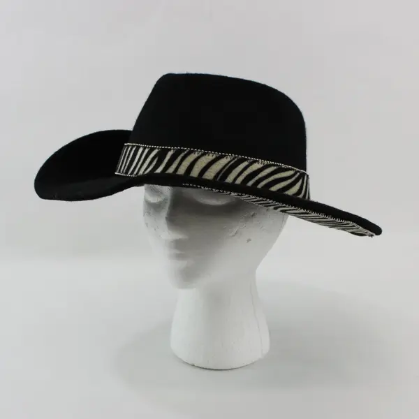 Peter Grimm Women's Black 100% Wool Western Hat Zebra Band Rhinestone Flower
