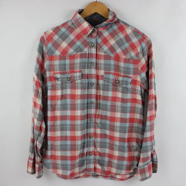 Jachs Girlfriend Women's S Red Blue Plaid Pearl Snap Long Sleeve Bea Flannel