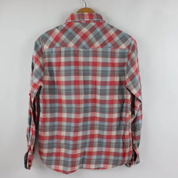 Jachs Girlfriend Women's S Red Blue Plaid Pearl Snap Long Sleeve Bea Flannel