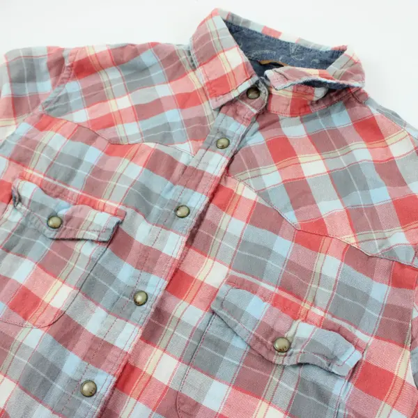 Jachs Girlfriend Women's S Red Blue Plaid Pearl Snap Long Sleeve Bea Flannel