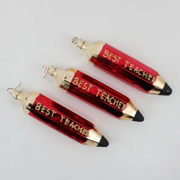 Lot of 3 Best Teacher Pencil Christmas Ornament Hand-Painted Glass Red Gold 6"
