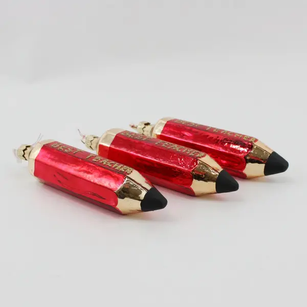 Lot of 3 Best Teacher Pencil Christmas Ornament Hand-Painted Glass Red Gold 6"