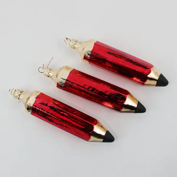 Lot of 3 Best Teacher Pencil Christmas Ornament Hand-Painted Glass Red Gold 6"