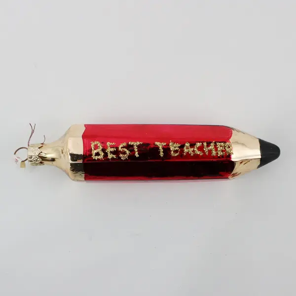 Lot of 3 Best Teacher Pencil Christmas Ornament Hand-Painted Glass Red Gold 6"