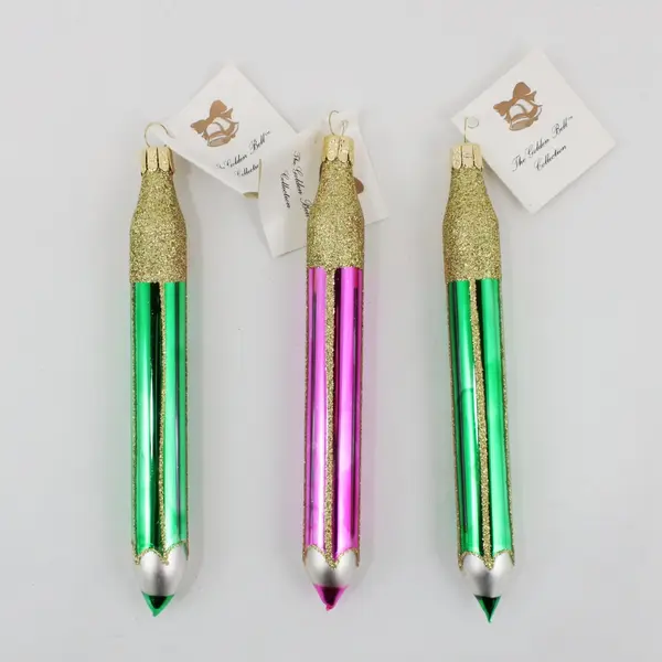 Lot of 3 European Trading Co Golden Bell Pencil Ornaments 2 Green 1 Pink 6.25"