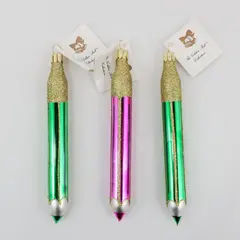 Lot of 3 European Trading Co Golden Bell Pencil Ornaments 2 Green 1 Pink 6.25"