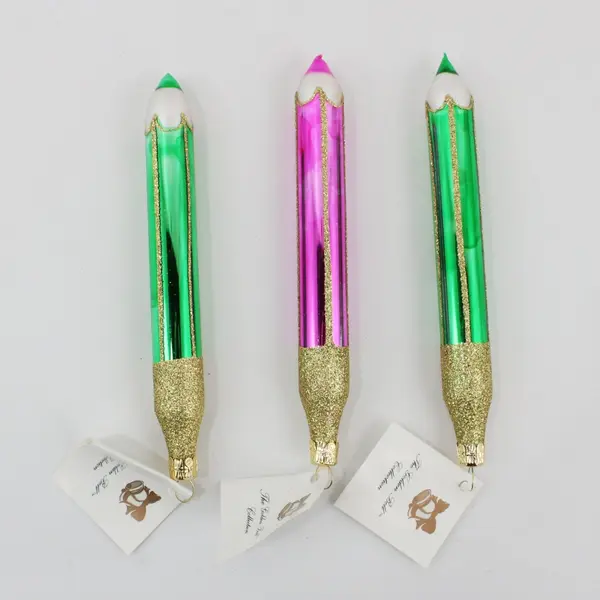 Lot of 3 European Trading Co Golden Bell Pencil Ornaments 2 Green 1 Pink 6.25"