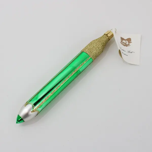 Lot of 3 European Trading Co Golden Bell Pencil Ornaments 2 Green 1 Pink 6.25"