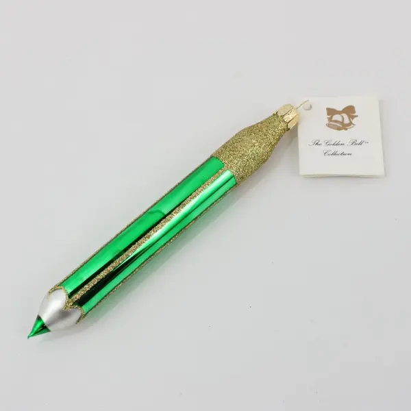 Lot of 3 European Trading Co Golden Bell Pencil Ornaments 2 Green 1 Pink 6.25"
