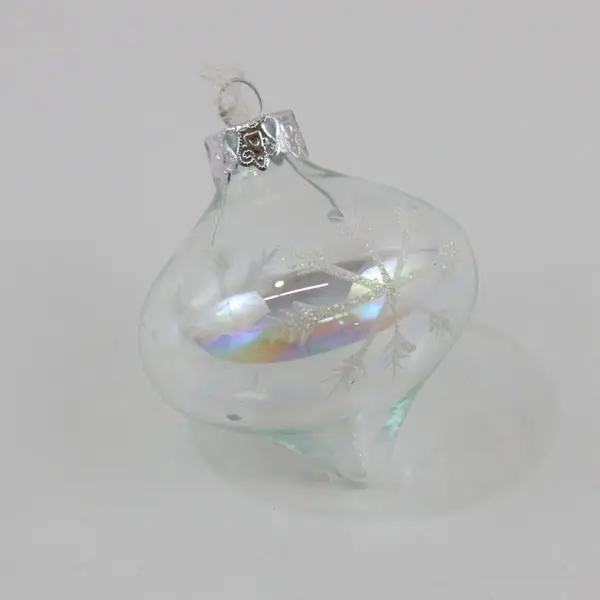 Clear Iridescent Glass Teardrop Ornament White Glitter Antler Motifs 3.25"