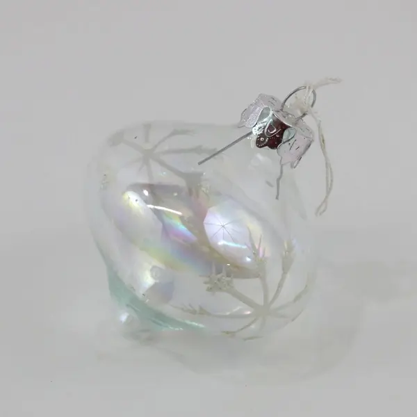 Clear Iridescent Glass Teardrop Ornament White Glitter Antler Motifs 3.25"
