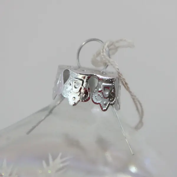 Clear Iridescent Glass Teardrop Ornament White Glitter Antler Motifs 3.25"